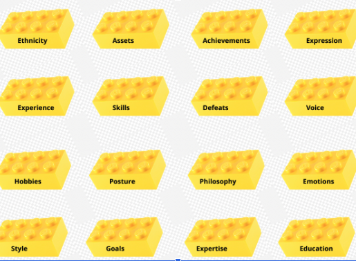 Lego bricks representing professional dimensions: Ethnicity, Assets, Achievements, Expression, Experience, Skills, Defeats, Voice, Hobbies, Posture, Philosophy, Emotions, Style, Goals, Expertise, Education